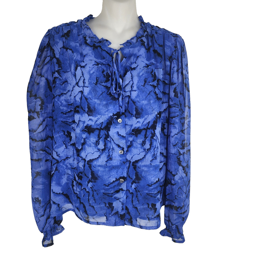 Halogen Blouse Blue Chiffon Tie Neck Medium Petal Abstract Sheer Lightweight